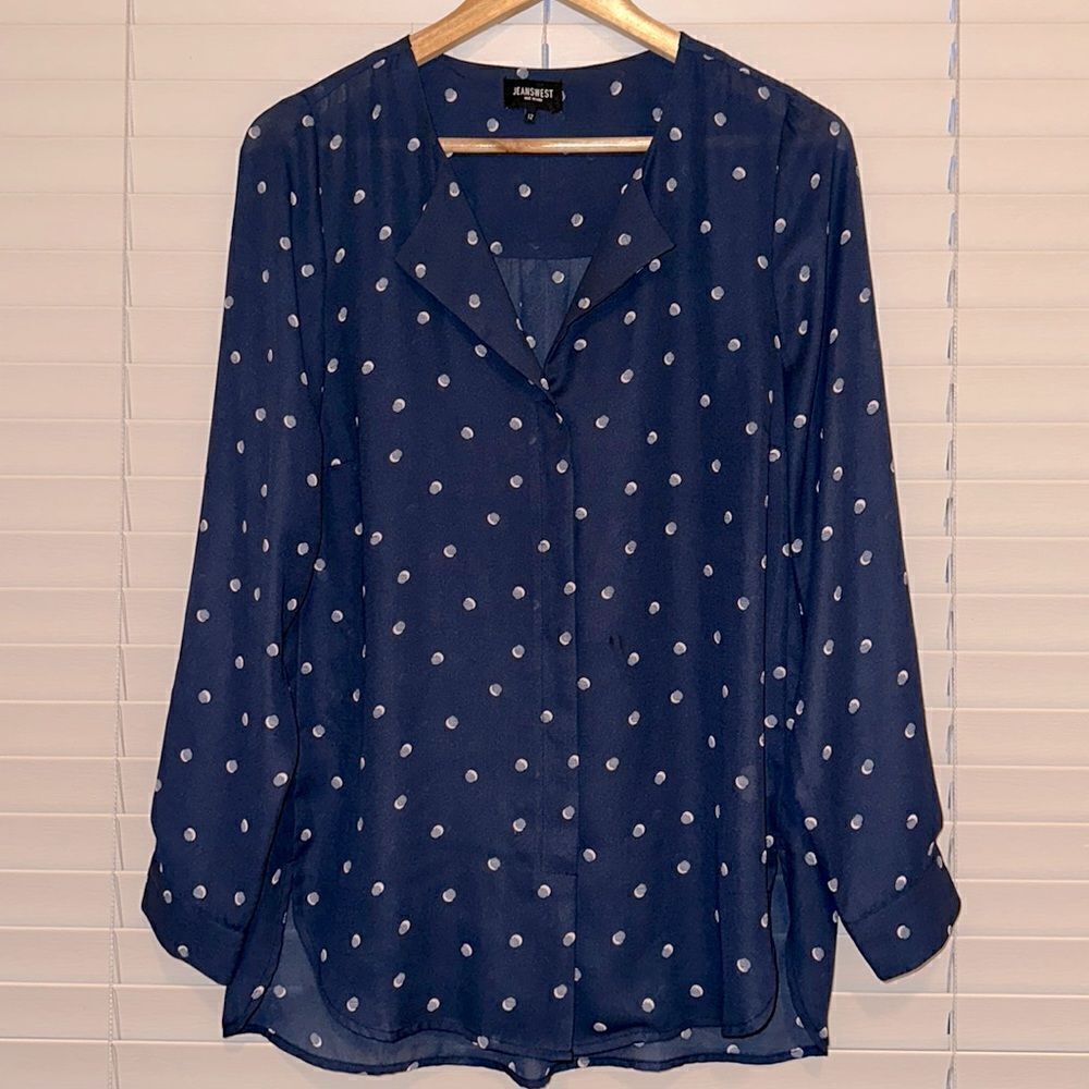 Jeanswest 10 Navy Blush Pink Polka Spotted Button Front Long Sleeve Blouse - Picture 3 of 13